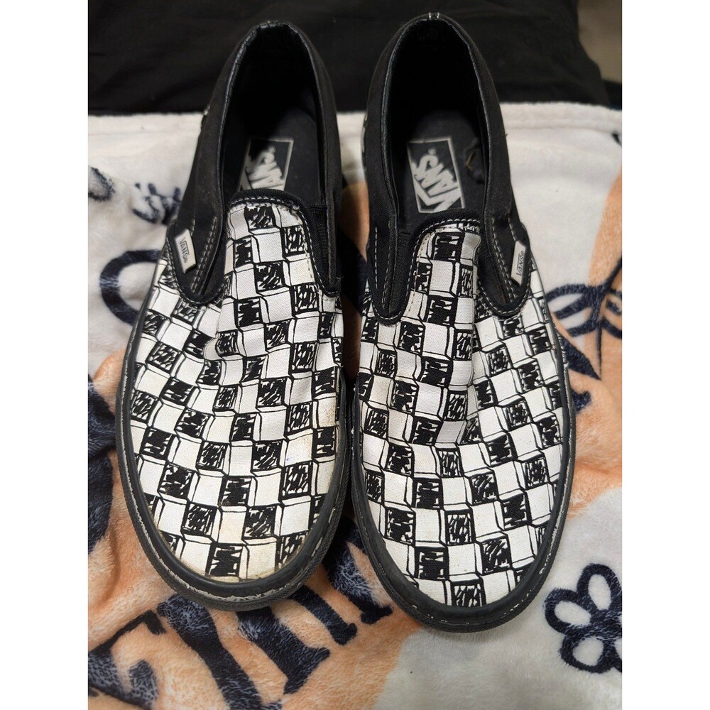 Vans Classic Slip-On "Sketch Checkerboard"  Black White 3D Cube Canvas Skate 8.5